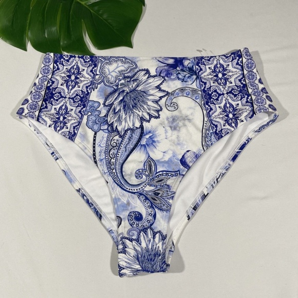 NEW RIVER ISLAND [ 10 US ] Floral High Waist Bikini‎ Bottoms In Blue - Picture 4 of 12